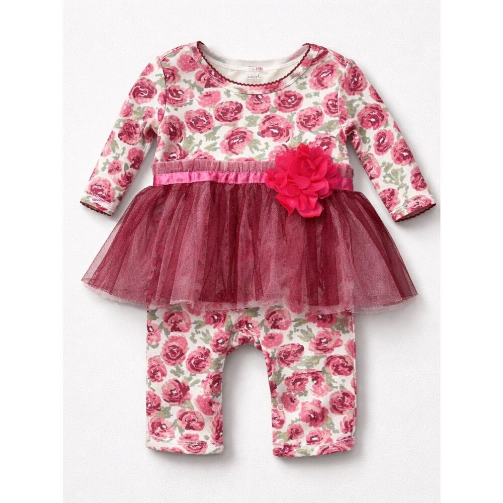 Nicole Miller pink and burgundy tutu skirted one piece floral size 3-6 months